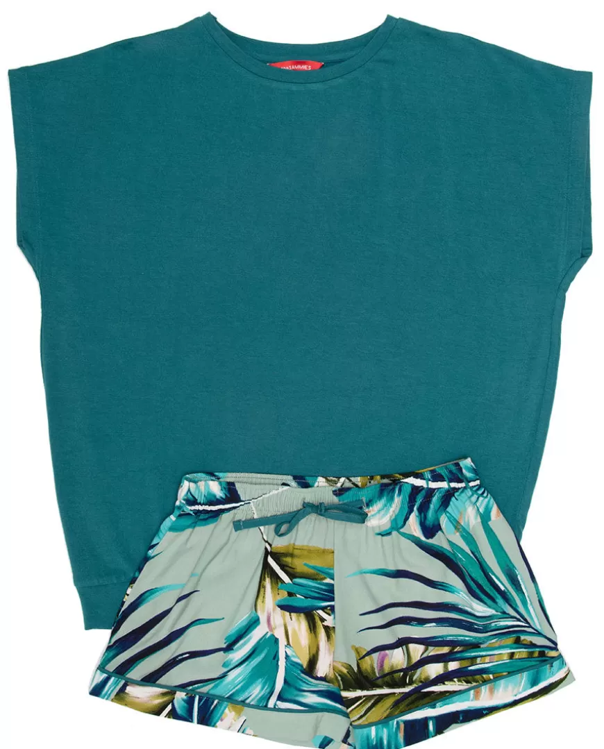 Eleanor Aqua Green Jersey Top And Palm Leaf Print Shorty Set^Cyberjammies Best Sale