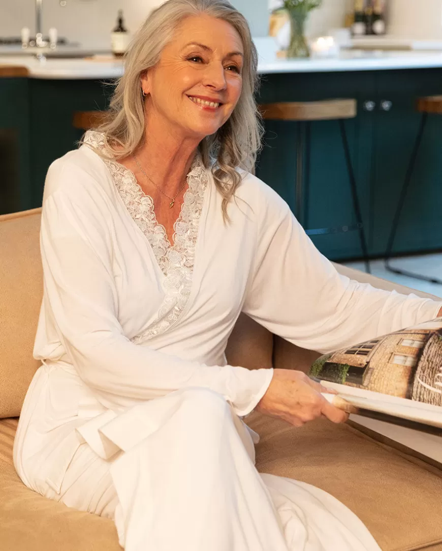 Evette Lace Detail White Jersey Long Dressing Gown^Cyberjammies Cheap