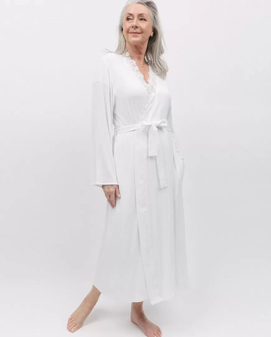 Evette Lace Detail White Jersey Long Dressing Gown^Cyberjammies Best