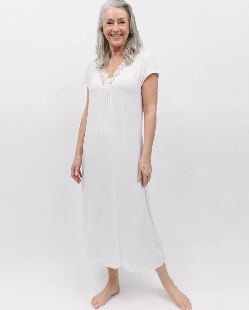 Evette Lace Detail White Jersey Long Nightdress^Cyberjammies Sale