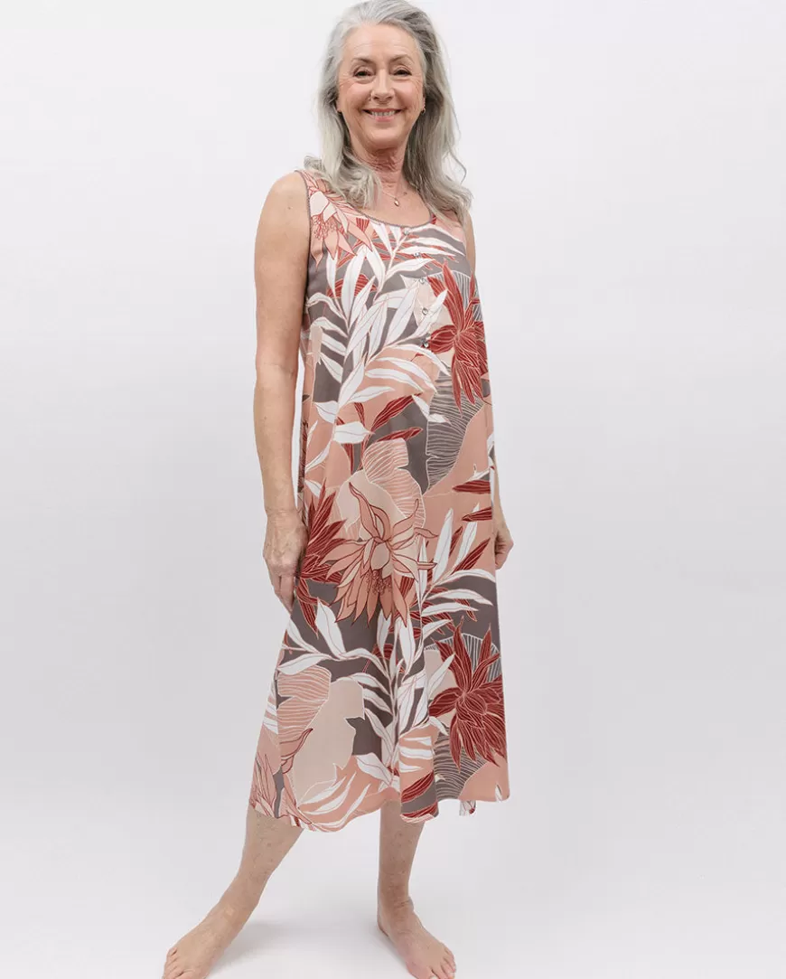 Evette Lace Trim Leaf Print Long Nightdress^Cyberjammies New