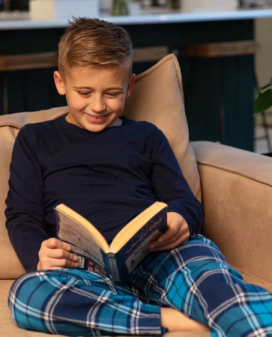Kids Unisex Jersey T-Shirt And Blue Check Pyjama Set^Cyberjammies Clearance