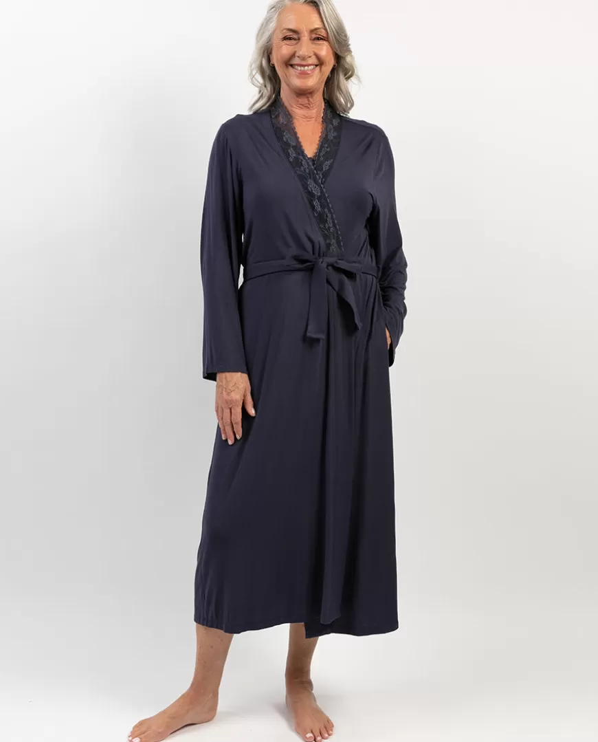 Maeve Lace Detail Navy Jersey Long Dressing Gown^Cyberjammies Shop