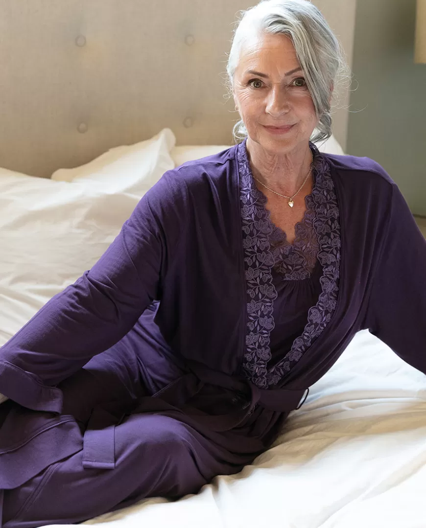 Maeve Lace Detail Purple Jersey Long Dressing Gown^Cyberjammies Store