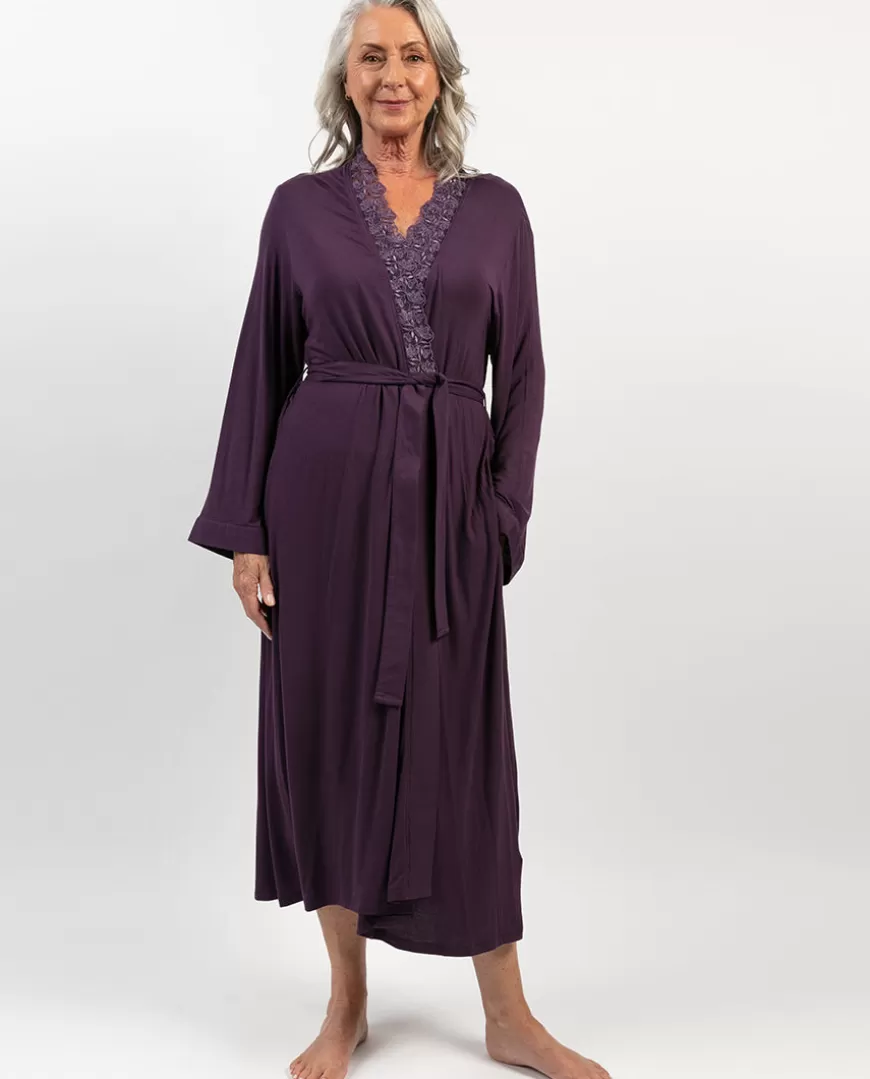 Maeve Lace Detail Purple Jersey Long Dressing Gown^Cyberjammies Best