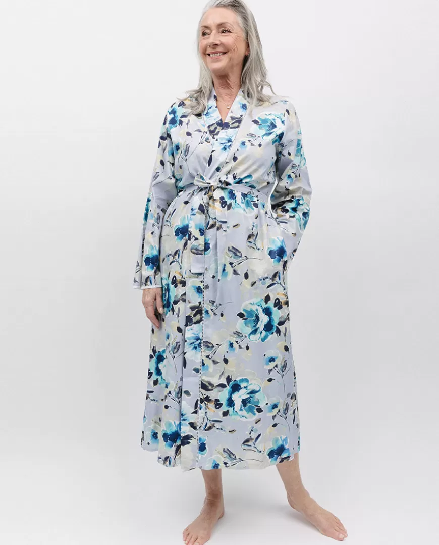 Maeve Lace Trim Grey Floral Print Long Dressing Gown^Cyberjammies Discount