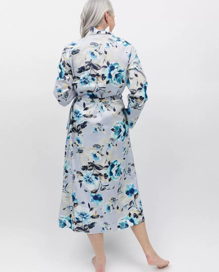 Maeve Lace Trim Grey Floral Print Long Dressing Gown^Cyberjammies Discount
