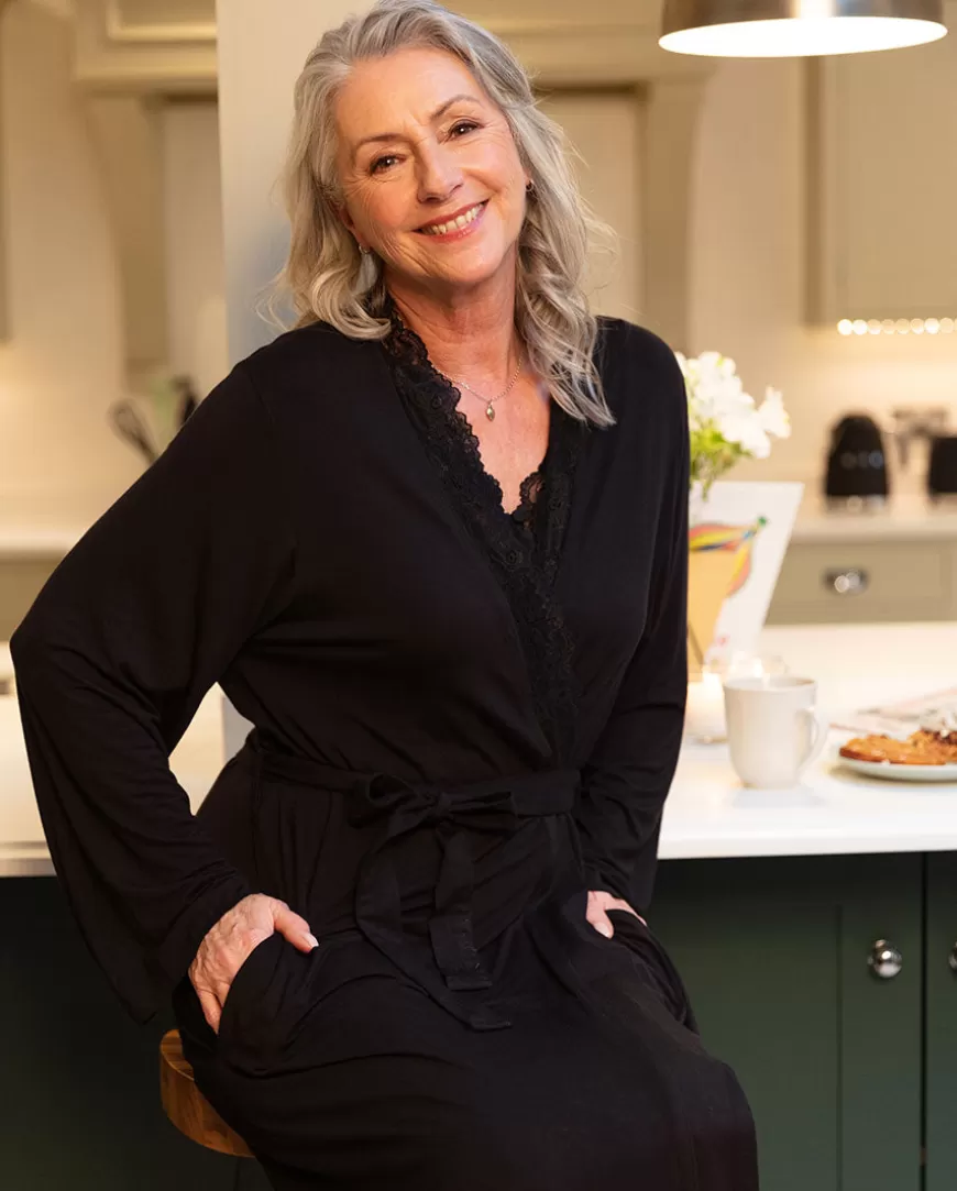 Winnie Black Lace Detail Jersey Long Dressing Gown^Cyberjammies Best Sale