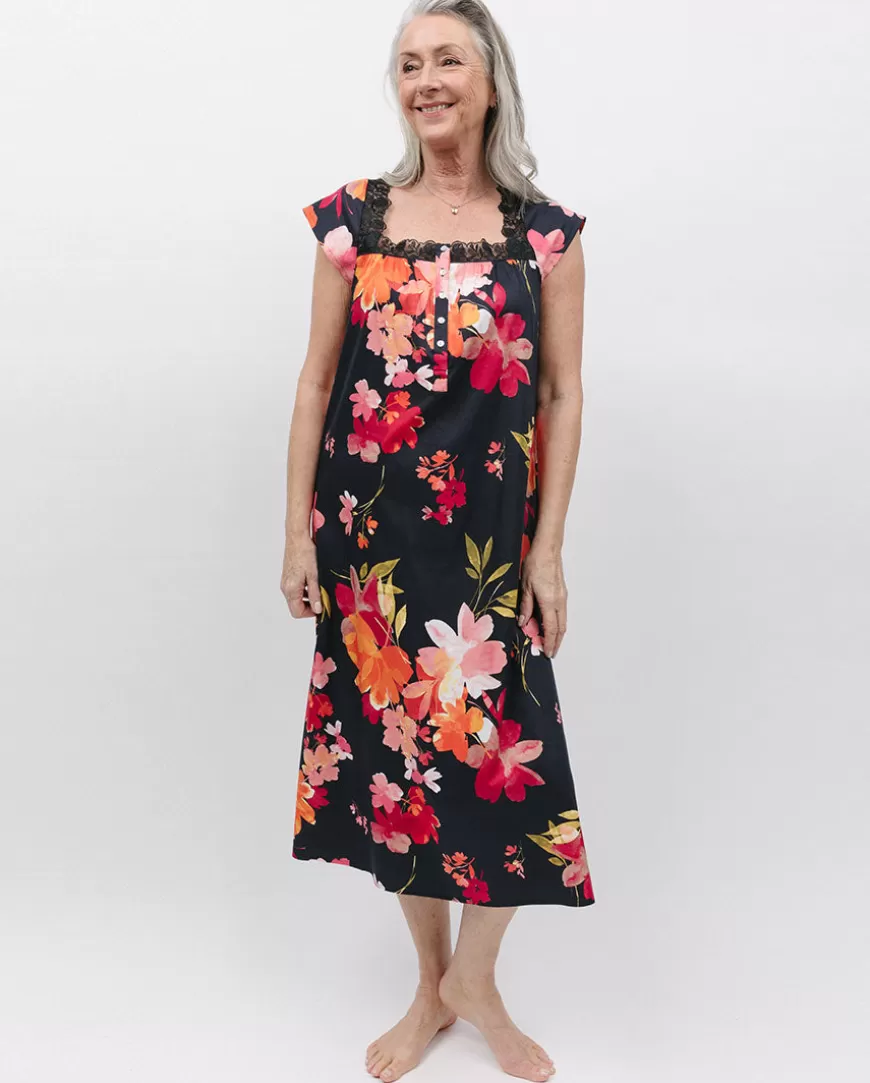 Winnie Lace Detail Black Floral Print Long Nightdress^Cyberjammies Hot
