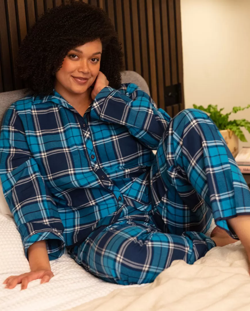 Womens Blue Brushed Check Pyjama Set^Cyberjammies Cheap